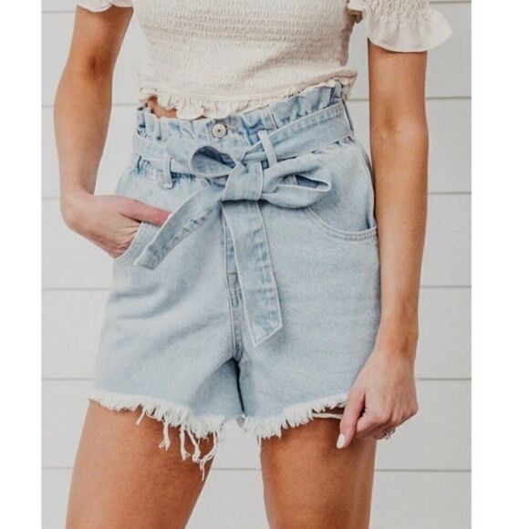 Vervet Paperbag Belted Denim Shorts Light Wash Elastic Waist Medium - Picture 1 of 12
